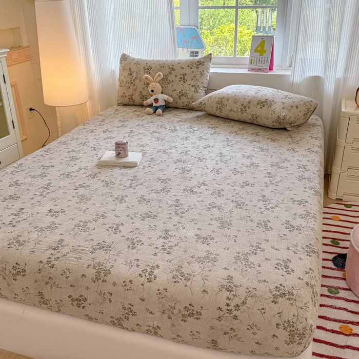 91家纺网 家纺一手货源 找家纺 温眠家纺 2025春夏新款云感棉双层纱床笠单床笠枕套三件套 秋风萧瑟