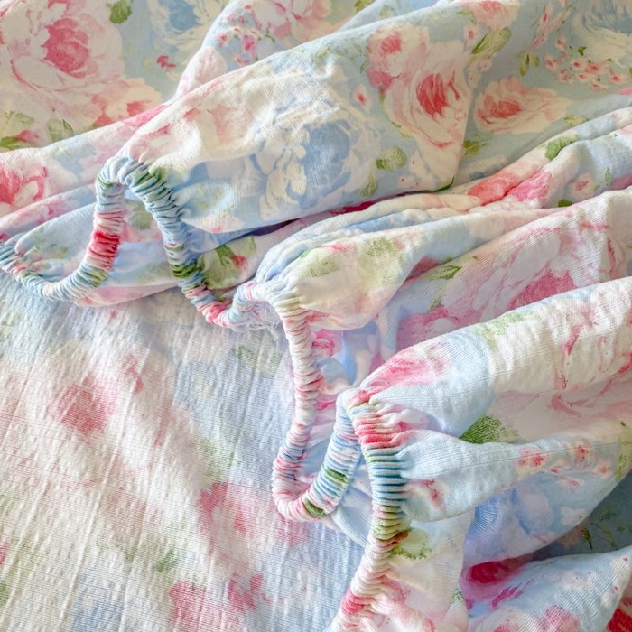 91家纺网 家纺一手货源 找家纺 温眠家纺 2025春夏新款云感棉双层纱床笠单床笠枕套三件套 晚香玉