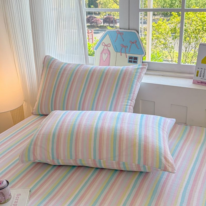 91家纺网 家纺一手货源 找家纺 温眠家纺 2025春夏新款云感棉双层纱床笠单床笠枕套三件套 遇见彩虹