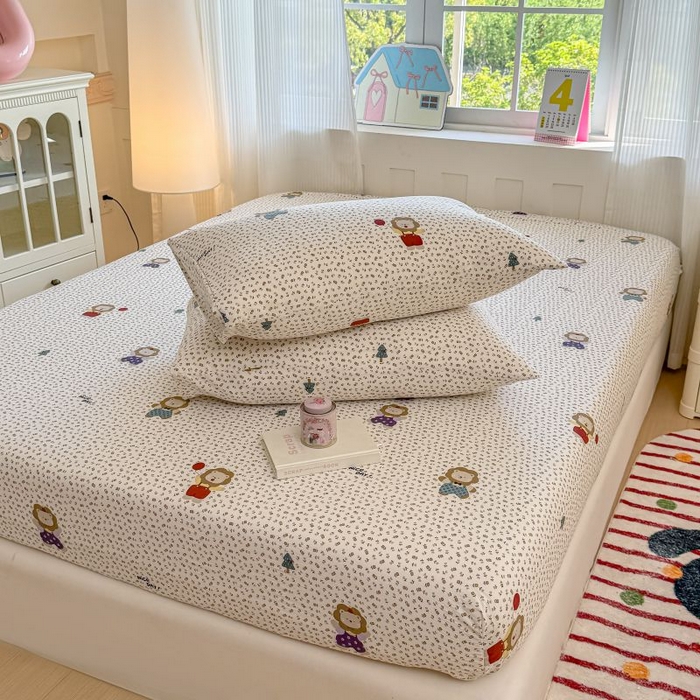 91家纺网 家纺一手货源 找家纺 温眠家纺 2025春夏新款云感棉双层纱床笠单床笠枕套三件套 甜茶