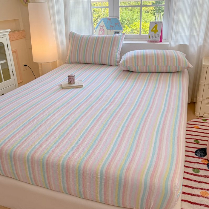 91家纺网 家纺一手货源 找家纺 温眠家纺 2025春夏新款云感棉双层纱床笠单床笠枕套三件套 遇见彩虹