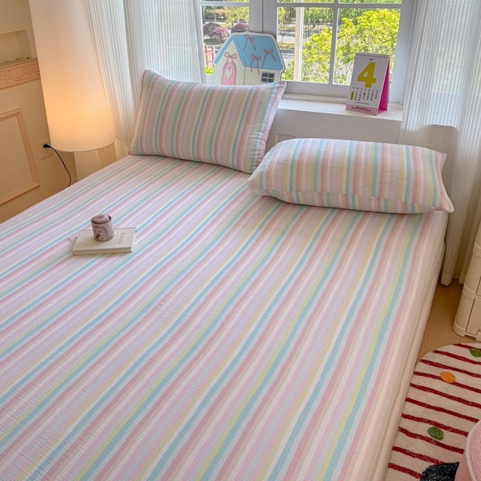 91家纺网 家纺一手货源 找家纺 温眠家纺 2025春夏新款云感棉双层纱床笠单床笠枕套三件套 遇见彩虹