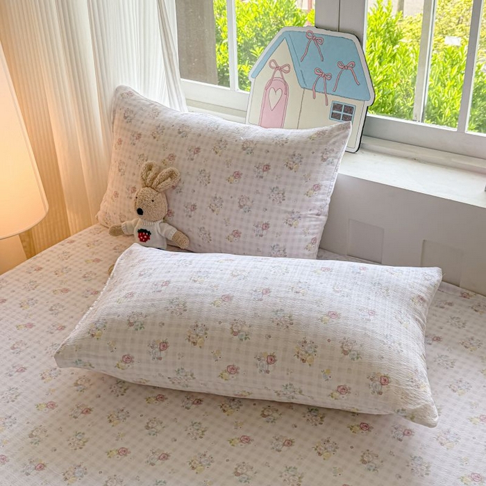 91家纺网 家纺一手货源 找家纺 温眠家纺 2025春夏新款云感棉双层纱床笠单床笠枕套三件套 花漾甜心