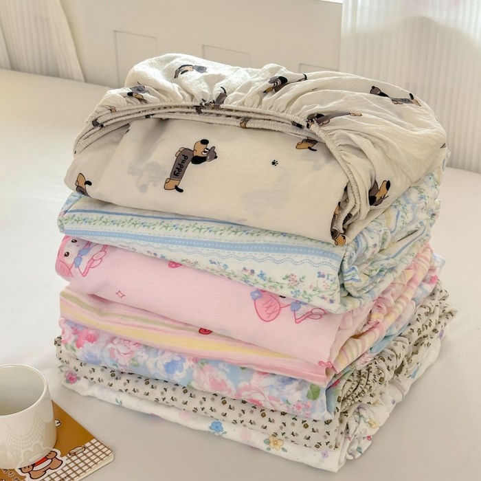 91家纺网 家纺一手货源 找家纺 温眠家纺 2025春夏新款云感棉双层纱床笠单床笠枕套三件套 组合