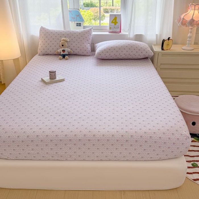 91家纺网 家纺一手货源 找家纺 温眠家纺 2025春夏新款云感棉双层纱床笠单床笠枕套三件套 琉璃瓦梦