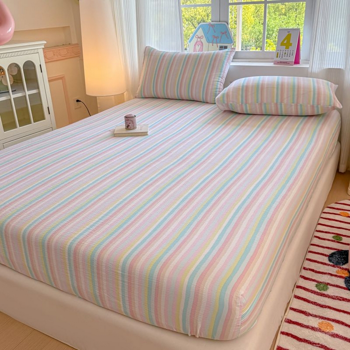 91家纺网 家纺一手货源 找家纺 温眠家纺 2025春夏新款云感棉双层纱床笠单床笠枕套三件套 遇见彩虹