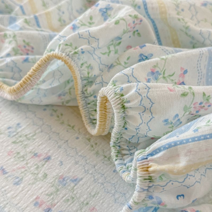 91家纺网 家纺一手货源 找家纺 温眠家纺 2025春夏新款云感棉双层纱床笠单床笠枕套三件套 洛克庄园