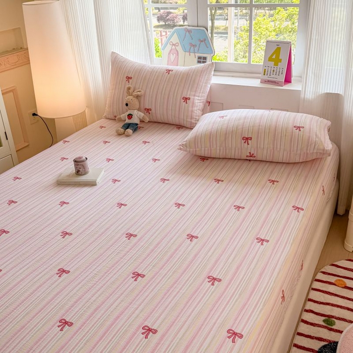 91家纺网 家纺一手货源 找家纺 温眠家纺 2025春夏新款云感棉双层纱床笠单床笠枕套三件套 蝴蝶结