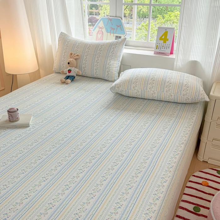 91家纺网 家纺一手货源 找家纺 温眠家纺 2025春夏新款云感棉双层纱床笠单床笠枕套三件套 洛克庄园