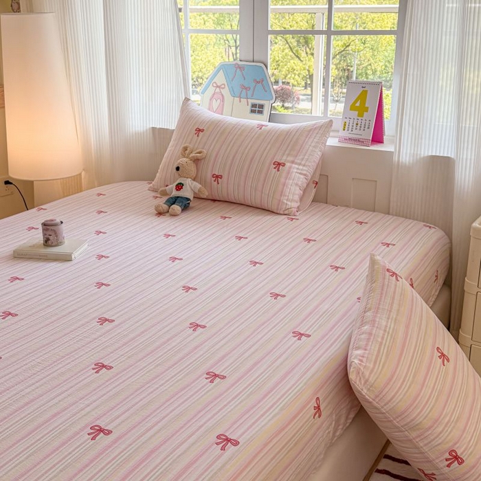 91家纺网 家纺一手货源 找家纺 温眠家纺 2025春夏新款云感棉双层纱床笠单床笠枕套三件套 蝴蝶结