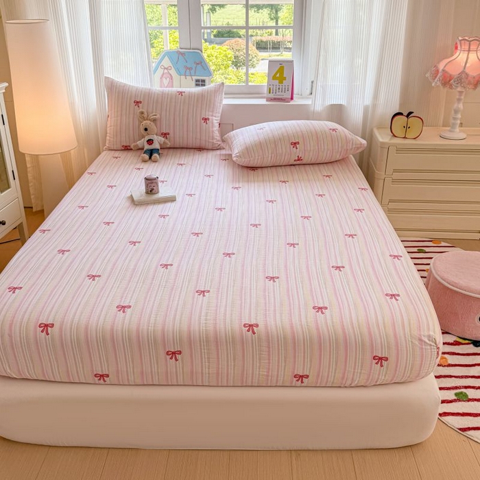 91家纺网 家纺一手货源 找家纺 温眠家纺 2025春夏新款云感棉双层纱床笠单床笠枕套三件套 蝴蝶结