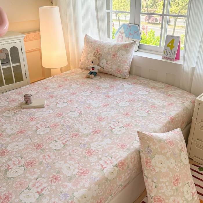 91家纺网 家纺一手货源 找家纺 温眠家纺 2025春夏新款云感棉双层纱床笠单床笠枕套三件套 国色芳华