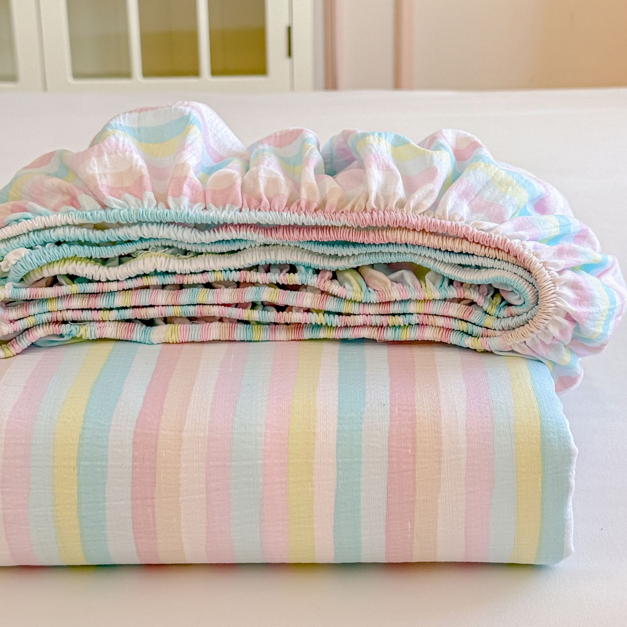 91家纺网 家纺一手货源 找家纺 （总）温眠家纺 2025春夏新款云感棉双层纱床笠单床笠枕套三件套