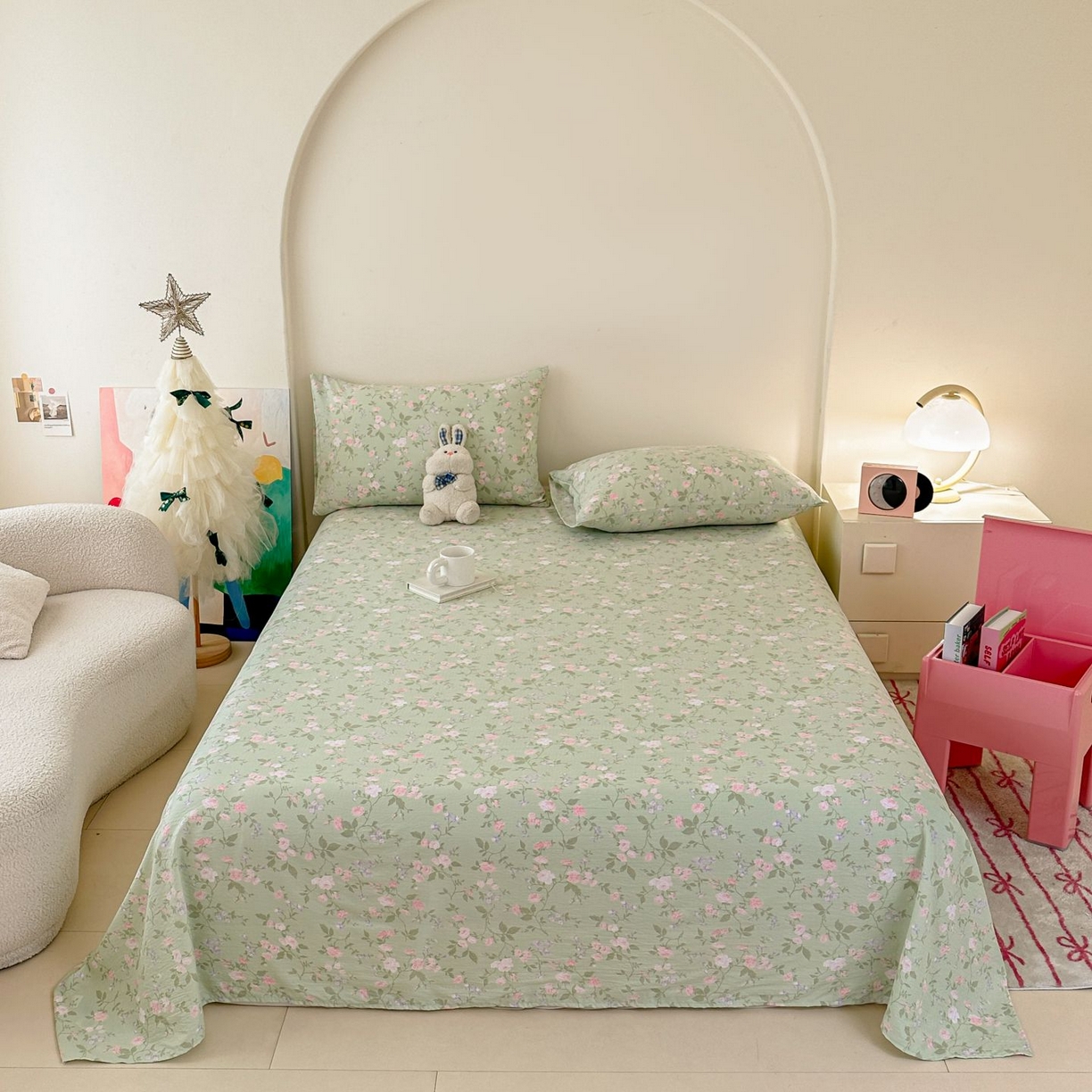 91家纺网 家纺一手货源 找家纺 温眠家纺 2025春夏新款云感棉双层纱床笠单床笠枕套三件套 木槿绿