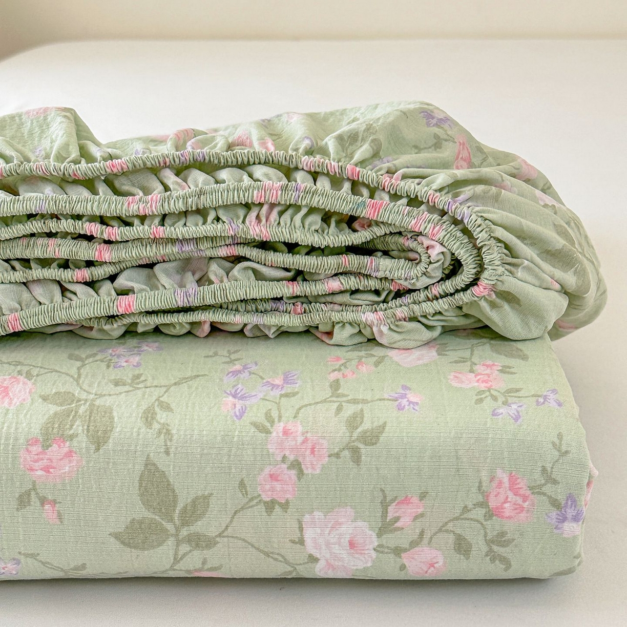 温眠家纺 2025春夏新款云感棉双层纱床笠单床笠枕套三件套 木槿绿