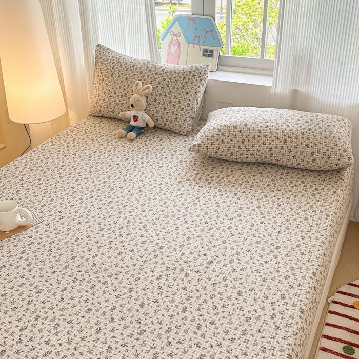 91家纺网 家纺一手货源 找家纺 温眠家纺 2025春夏新款云感棉双层纱床笠单床笠枕套三件套 失约温柔