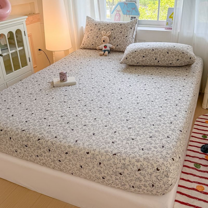 91家纺网 家纺一手货源 找家纺 温眠家纺 2025春夏新款云感棉双层纱床笠单床笠枕套三件套 兔与晚风