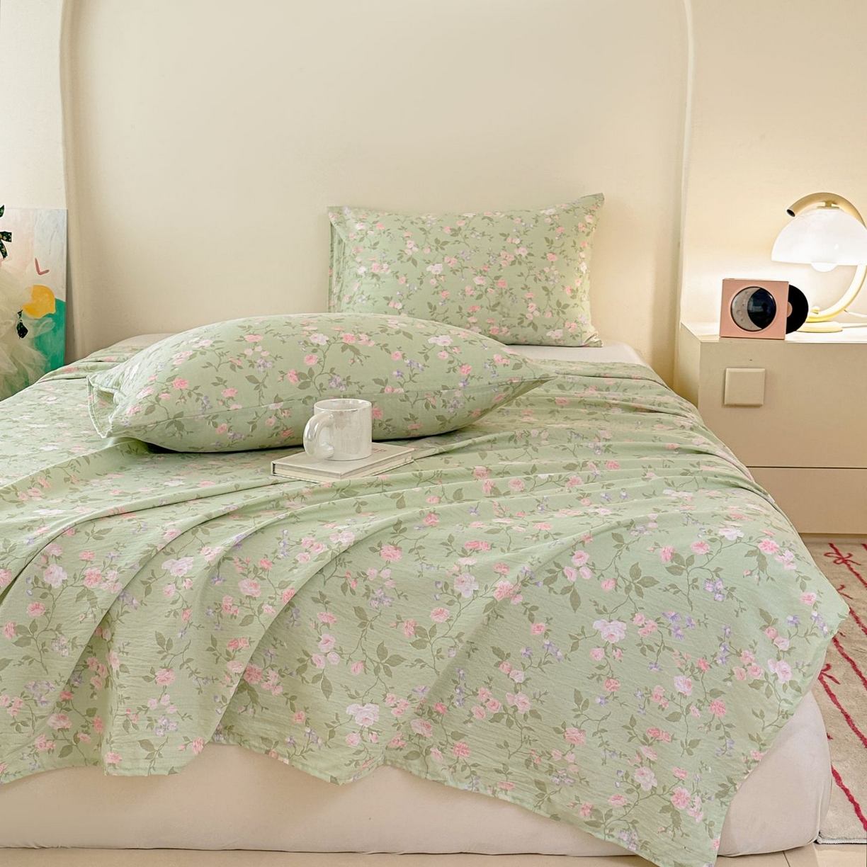 91家纺网 家纺一手货源 找家纺 温眠家纺 2025春夏新款云感棉双层纱床笠单床笠枕套三件套 木槿绿