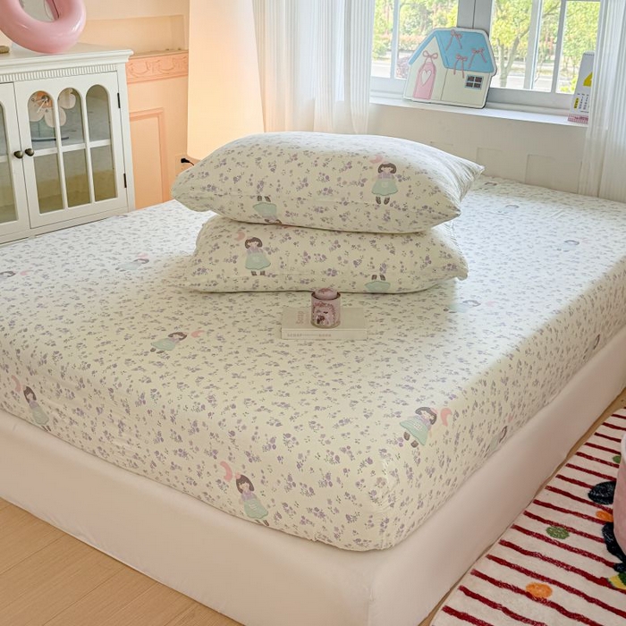 91家纺网 家纺一手货源 找家纺 温眠家纺 2025春夏新款云感棉双层纱床笠单床笠枕套三件套 思念女孩