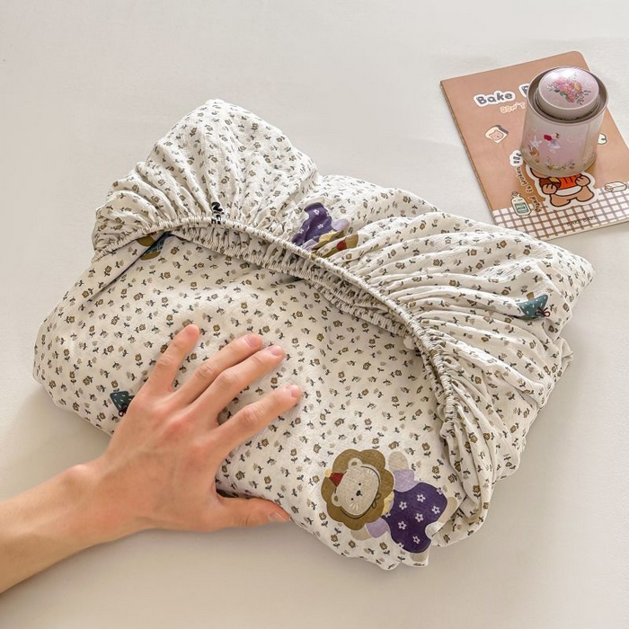 91家纺网 家纺一手货源 找家纺 温眠家纺 2025春夏新款云感棉双层纱床笠单床笠枕套三件套 甜茶