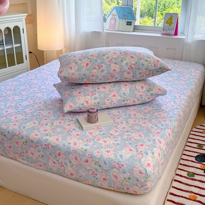 91家纺网 家纺一手货源 找家纺 温眠家纺 2025春夏新款云感棉双层纱床笠单床笠枕套三件套 晚香玉