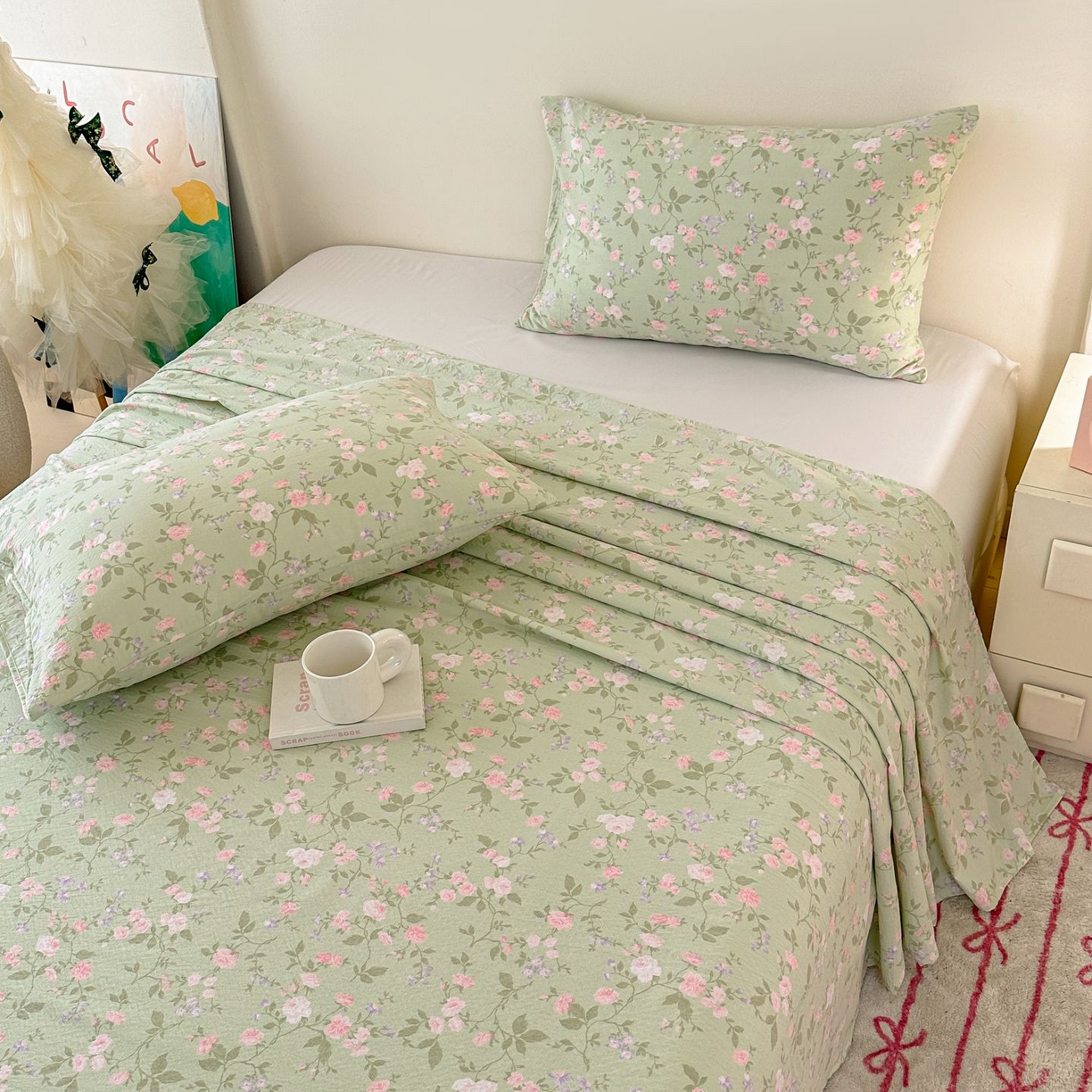 91家纺网 家纺一手货源 找家纺 温眠家纺 2025春夏新款云感棉双层纱床笠单床笠枕套三件套 木槿绿