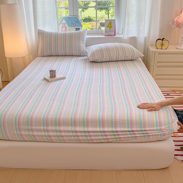 91家纺网 家纺一手货源 找家纺 温眠家纺 2025春夏新款云感棉双层纱床笠单床笠枕套三件套 遇见彩虹