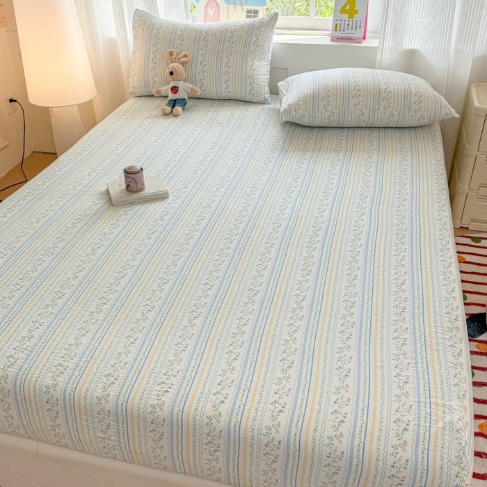 91家纺网 家纺一手货源 找家纺 温眠家纺 2025春夏新款云感棉双层纱床笠单床笠枕套三件套 洛克庄园