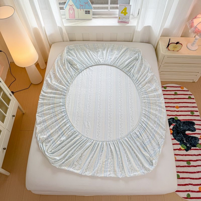 91家纺网 家纺一手货源 找家纺 温眠家纺 2025春夏新款云感棉双层纱床笠单床笠枕套三件套 洛克庄园