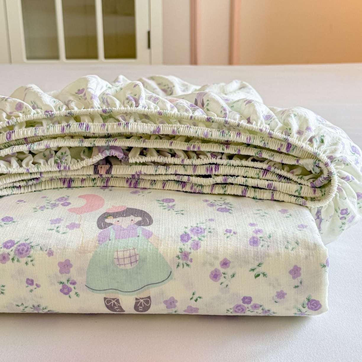 温眠家纺 2025春夏新款云感棉双层纱床笠单床笠枕套三件套 思念女孩