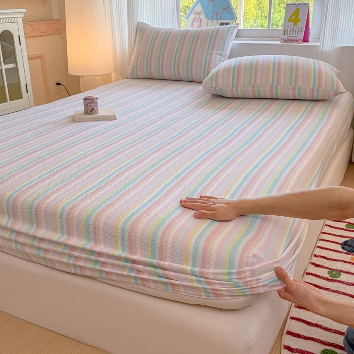 91家纺网 家纺一手货源 找家纺 温眠家纺 2025春夏新款云感棉双层纱床笠单床笠枕套三件套 遇见彩虹