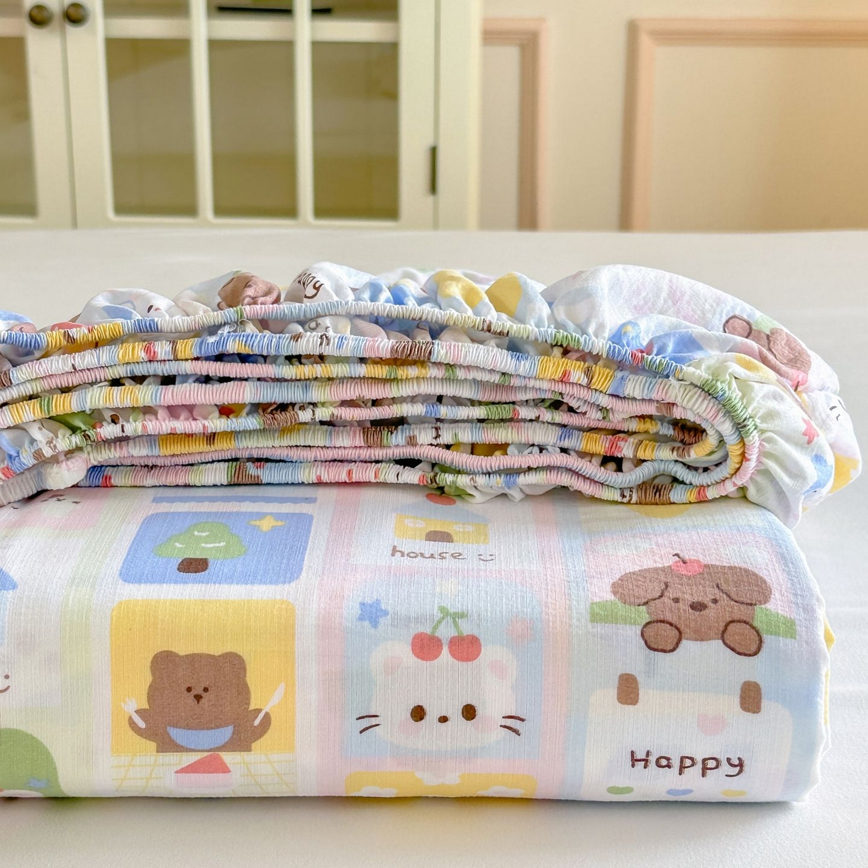 温眠家纺 2025春夏新款云感棉双层纱床笠单床笠枕套三件套 春日花花