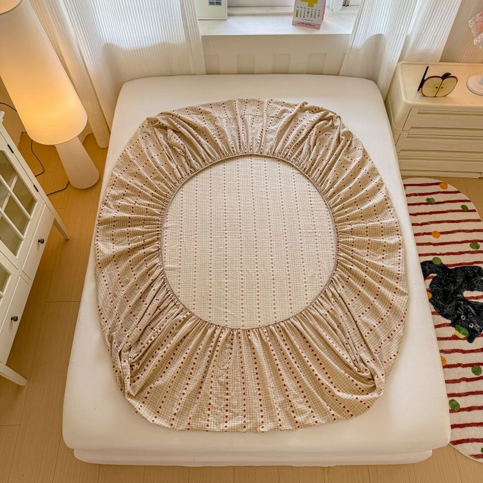 91家纺网 家纺一手货源 找家纺 温眠家纺 2025春夏新款云感棉双层纱床笠单床笠枕套三件套 相思红豆