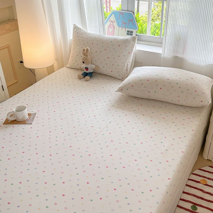 91家纺网 家纺一手货源 找家纺 温眠家纺 2025春夏新款云感棉双层纱床笠单床笠枕套三件套 浪漫邂逅