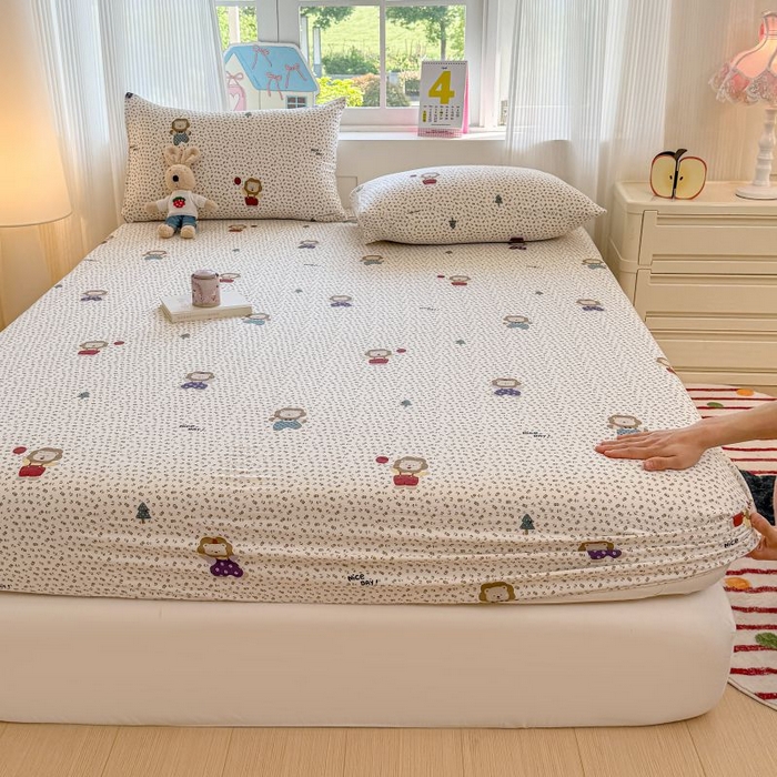 91家纺网 家纺一手货源 找家纺 温眠家纺 2025春夏新款云感棉双层纱床笠单床笠枕套三件套 甜茶