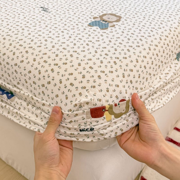 91家纺网 家纺一手货源 找家纺 温眠家纺 2025春夏新款云感棉双层纱床笠单床笠枕套三件套 甜茶