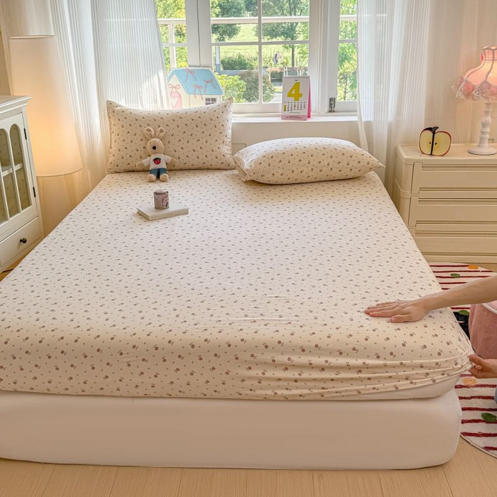 91家纺网 家纺一手货源 找家纺 温眠家纺 2025春夏新款云感棉双层纱床笠单床笠枕套三件套 旧梦难续