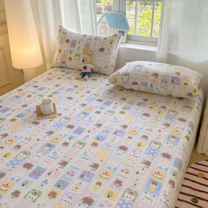 91家纺网 家纺一手货源 找家纺 温眠家纺 2025春夏新款云感棉双层纱床笠单床笠枕套三件套 春日花花