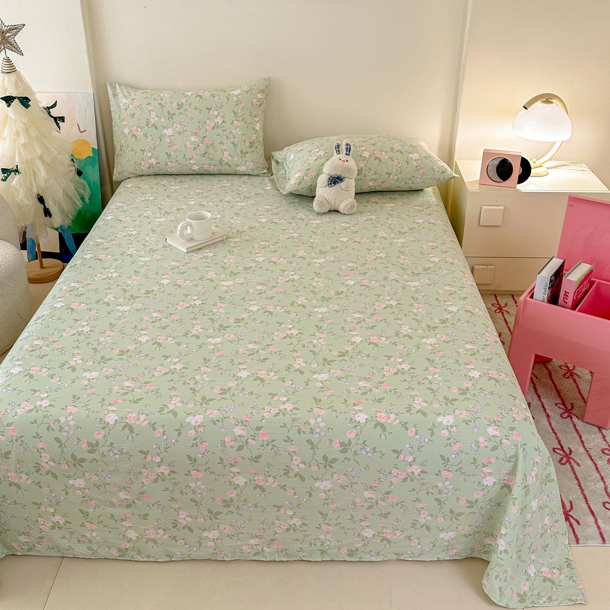 91家纺网 家纺一手货源 找家纺 温眠家纺 2025春夏新款云感棉双层纱床笠单床笠枕套三件套 木槿绿