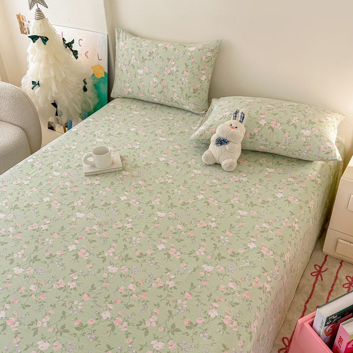 91家纺网 家纺一手货源 找家纺 温眠家纺 2025春夏新款云感棉双层纱床笠单床笠枕套三件套 木槿绿