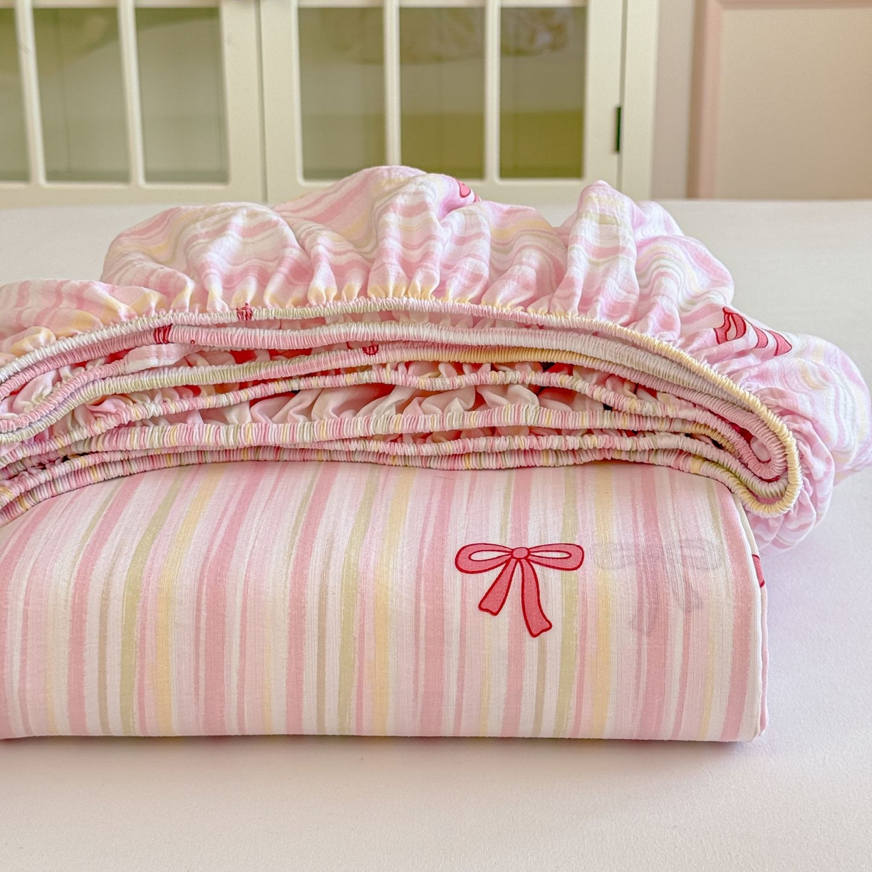 温眠家纺 2025春夏新款云感棉双层纱床笠单床笠枕套三件套 蝴蝶结