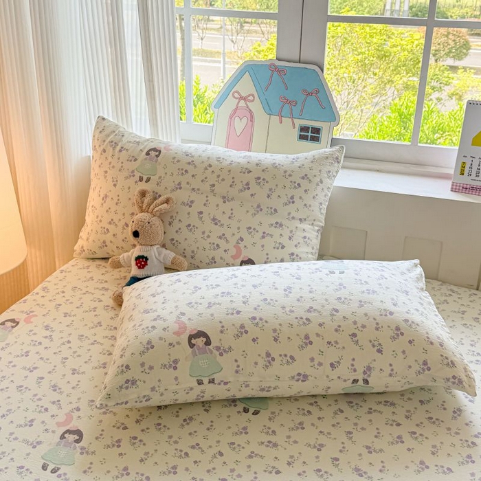 91家纺网 家纺一手货源 找家纺 温眠家纺 2025春夏新款云感棉双层纱床笠单床笠枕套三件套 思念女孩