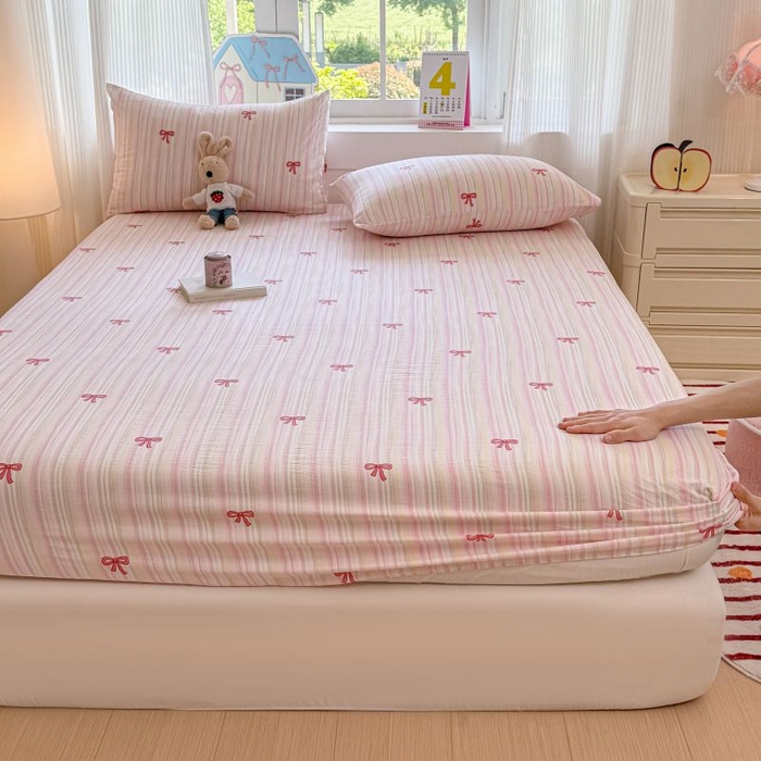 91家纺网 家纺一手货源 找家纺 温眠家纺 2025春夏新款云感棉双层纱床笠单床笠枕套三件套 蝴蝶结