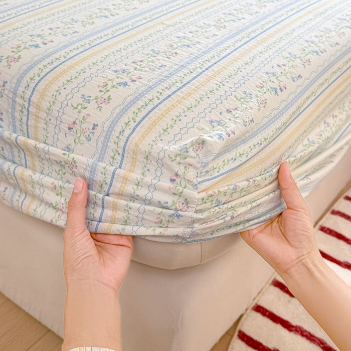 91家纺网 家纺一手货源 找家纺 温眠家纺 2025春夏新款云感棉双层纱床笠单床笠枕套三件套 洛克庄园