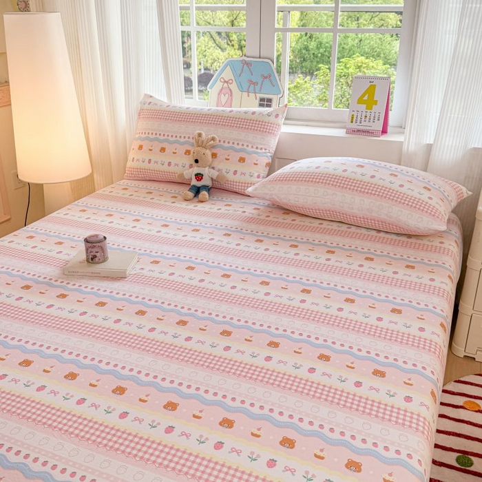 91家纺网 家纺一手货源 找家纺 温眠家纺 2025春夏新款云感棉双层纱床笠单床笠枕套三件套 草莓蛋糕