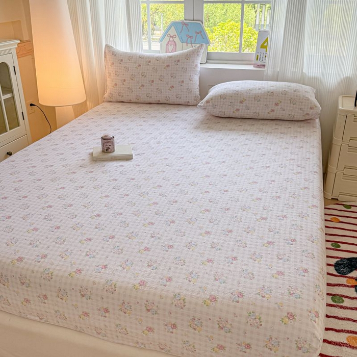 91家纺网 家纺一手货源 找家纺 温眠家纺 2025春夏新款云感棉双层纱床笠单床笠枕套三件套 花漾甜心