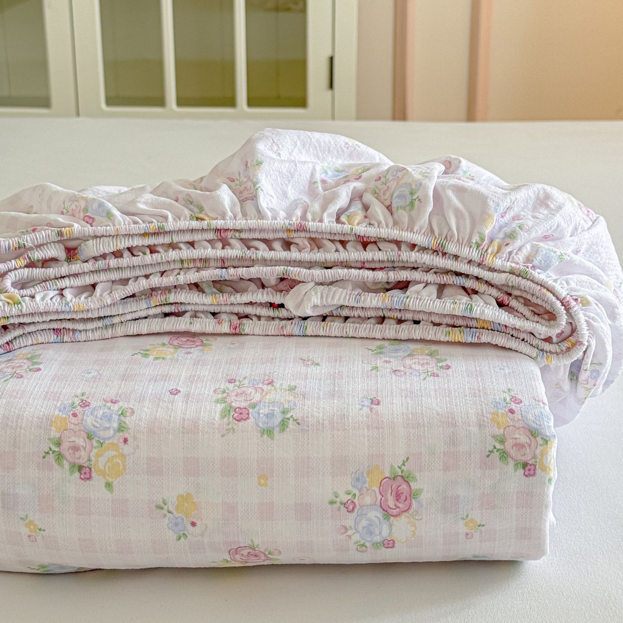 91家纺网 家纺一手货源 找家纺 （总）温眠家纺 2025春夏新款云感棉双层纱床笠单床笠枕套三件套