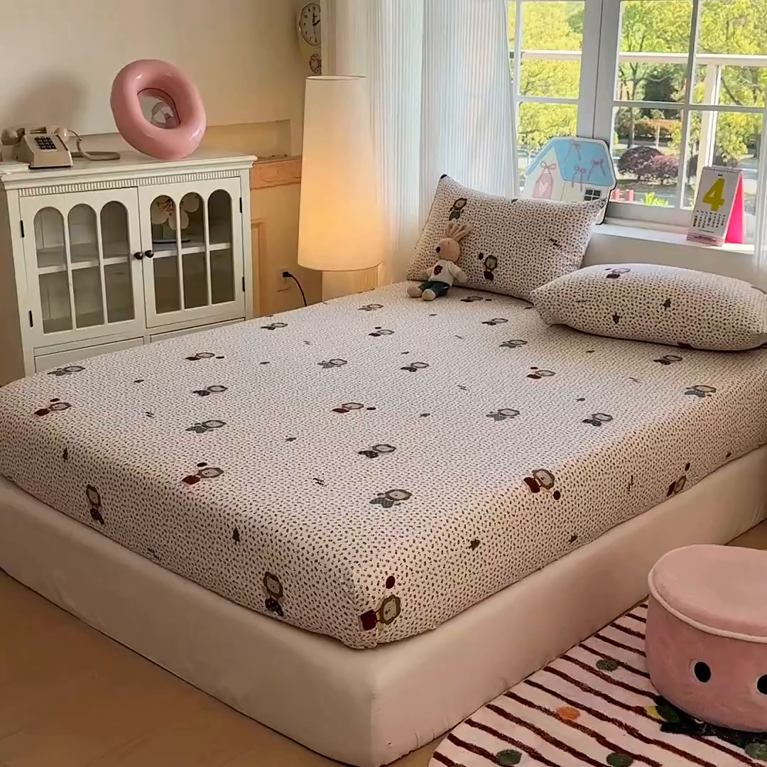 91家纺网 家纺一手货源 找家纺 温眠家纺 2025春夏新款云感棉双层纱床笠单床笠枕套三件套 甜茶