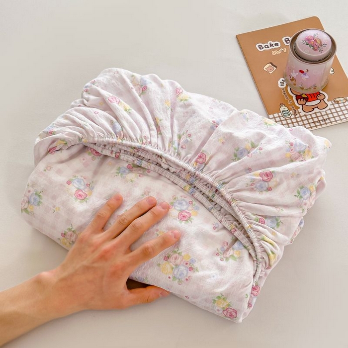 91家纺网 家纺一手货源 找家纺 温眠家纺 2025春夏新款云感棉双层纱床笠单床笠枕套三件套 花漾甜心