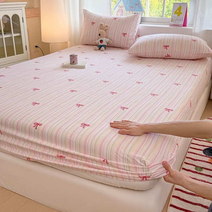 91家纺网 家纺一手货源 找家纺 温眠家纺 2025春夏新款云感棉双层纱床笠单床笠枕套三件套 蝴蝶结